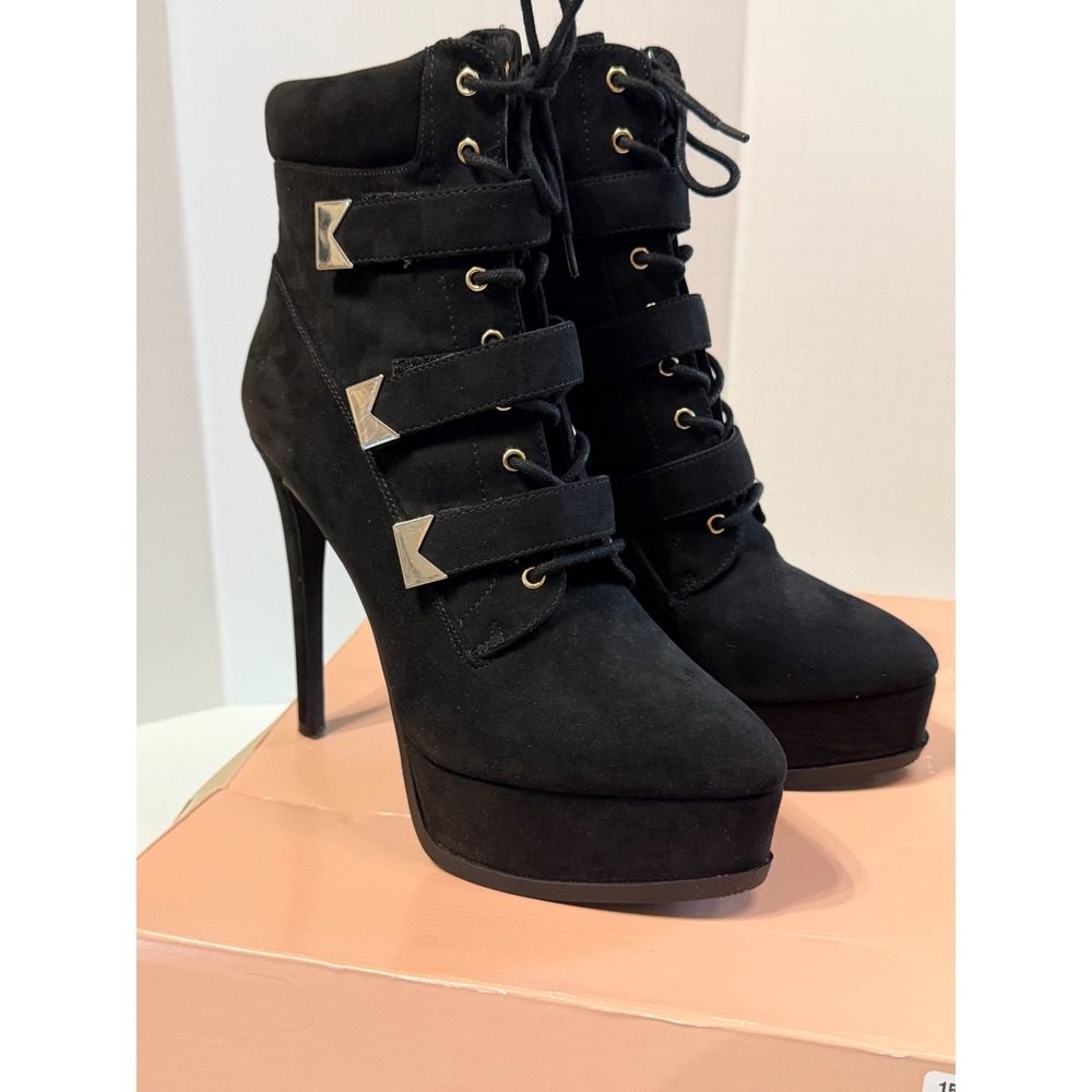 Thalia Sodi Sasha Black Faux Suede Platform Lace Up Stiletto Ankle Boots 8.5